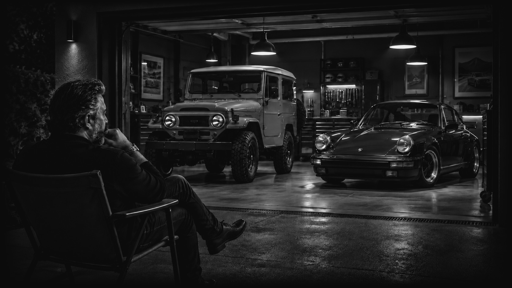 Anjam at night in a chair, looking into a lit garage at a Land Cruiser and a 911